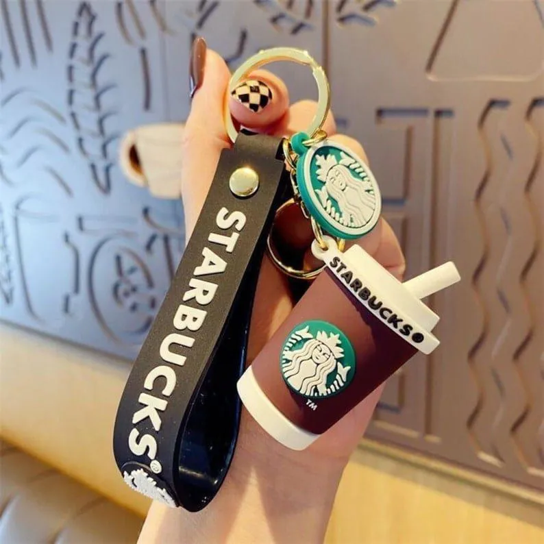 Cute Coffee Cup Keychain With Bag charm and Strap ( Choose from Drop Down Menu)