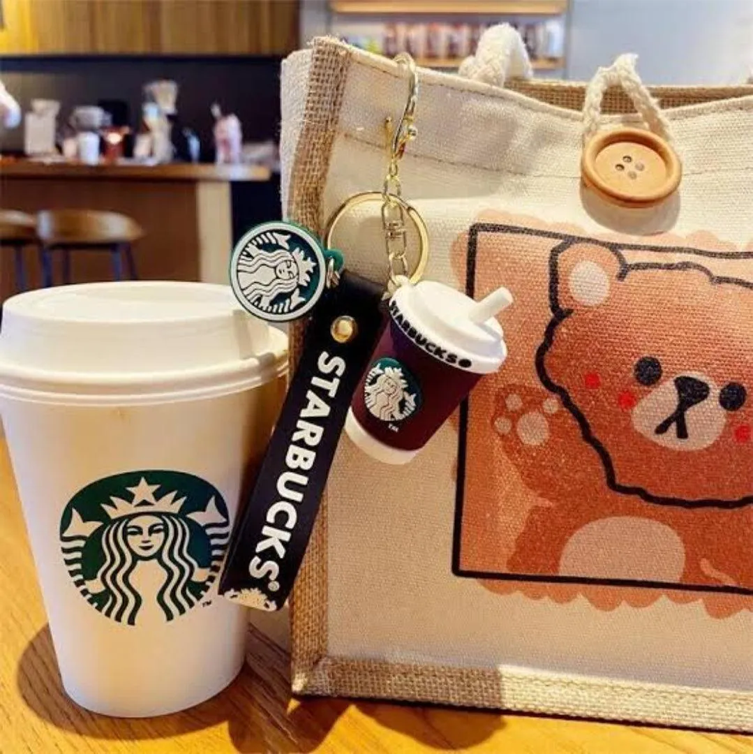 Cute Coffee Cup Keychain With Bag charm and Strap ( Choose from Drop Down Menu)