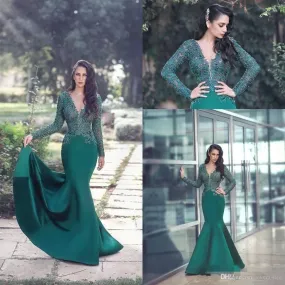 deep v neck evening dresses long sleeve green lace appliqué mermaid elegant arabic evening formal gown