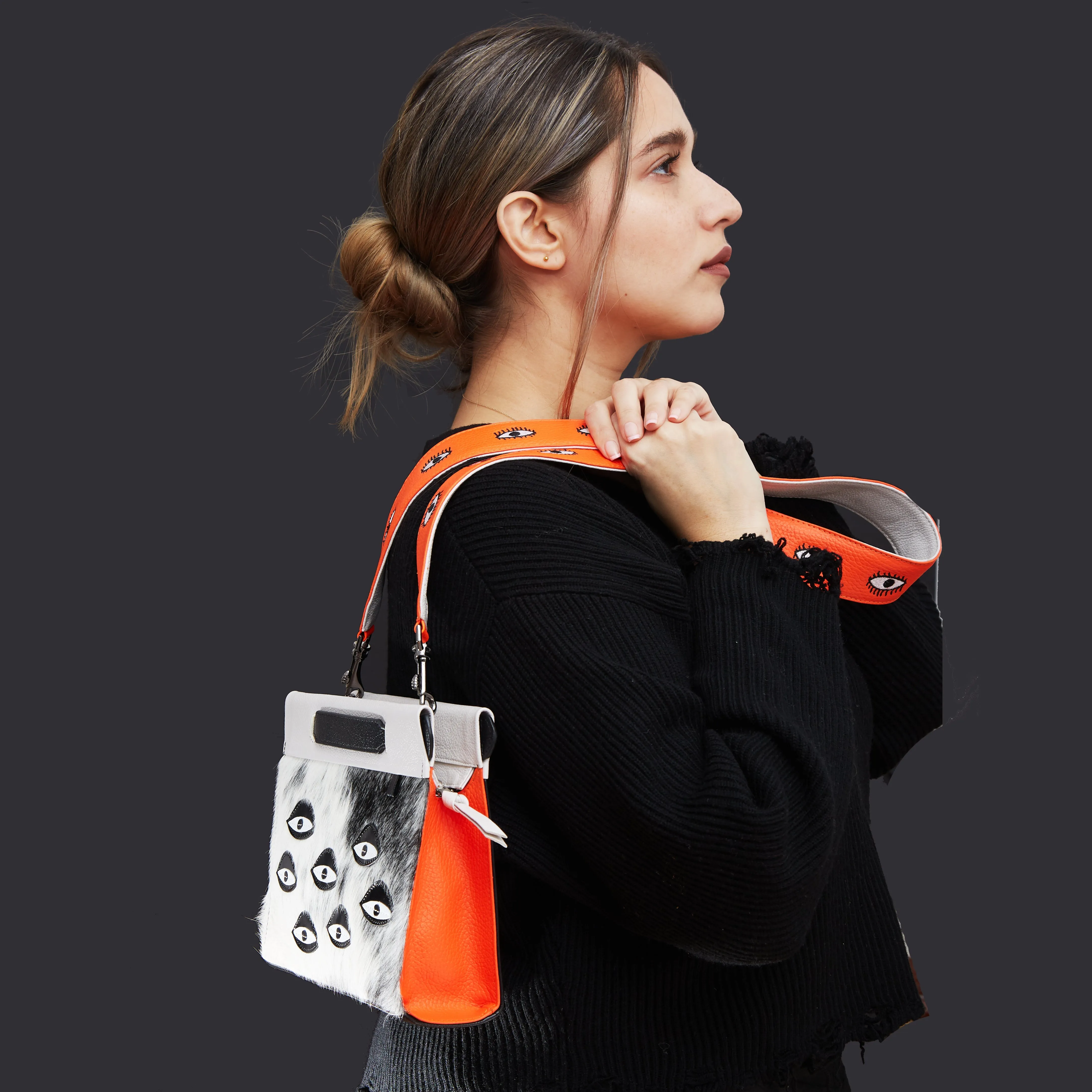 Detachable Neon Orange Leather Shoulder Strap - All Over Eyes Embroidery