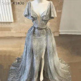 detachable skirt evening dresses 2020 silver sparkle short sleeve elegant evening gown robe de soiree