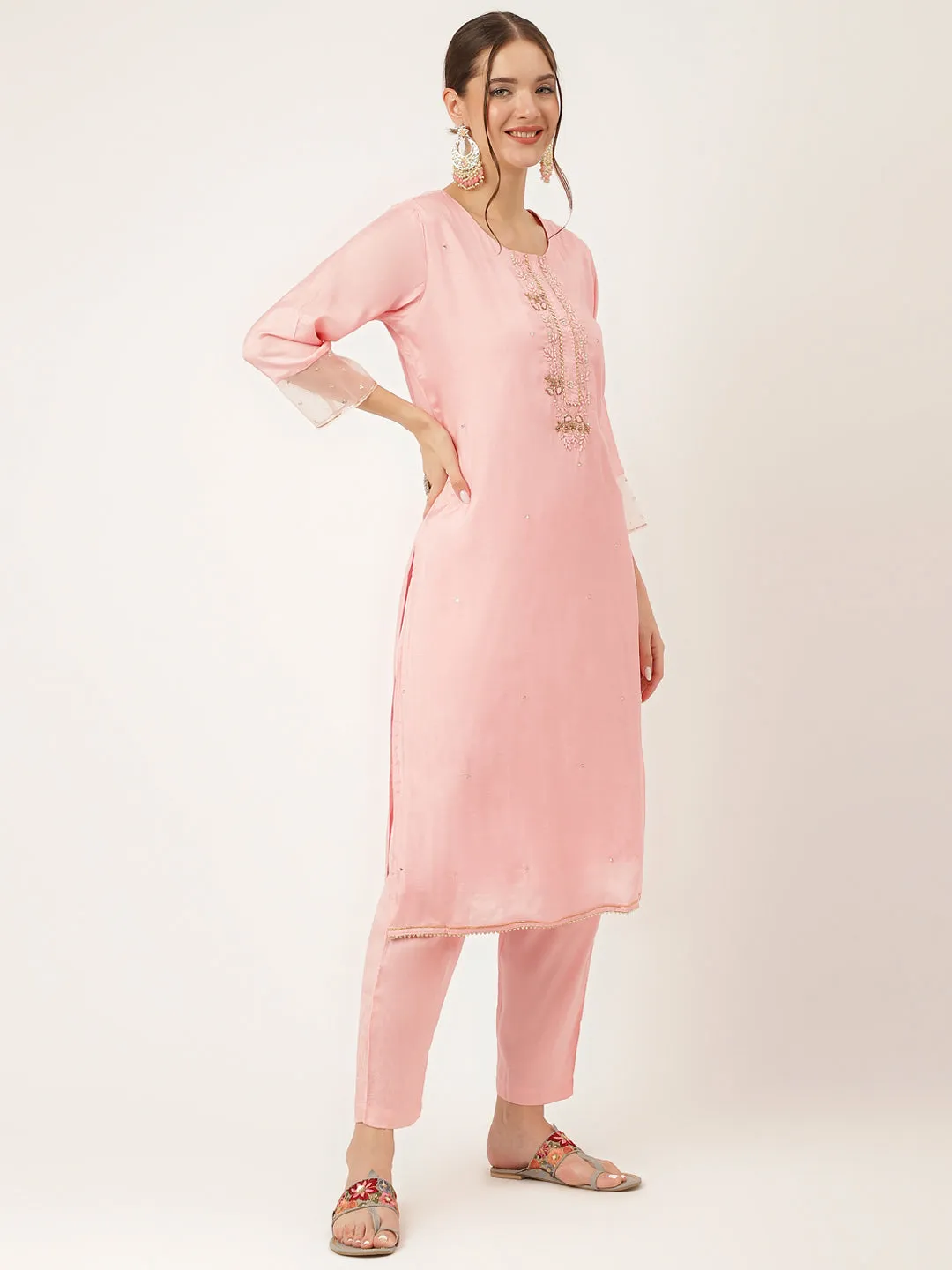 Divena Baby Pink Embroidered Chanderi  Kurta, Trouser With Dupatta