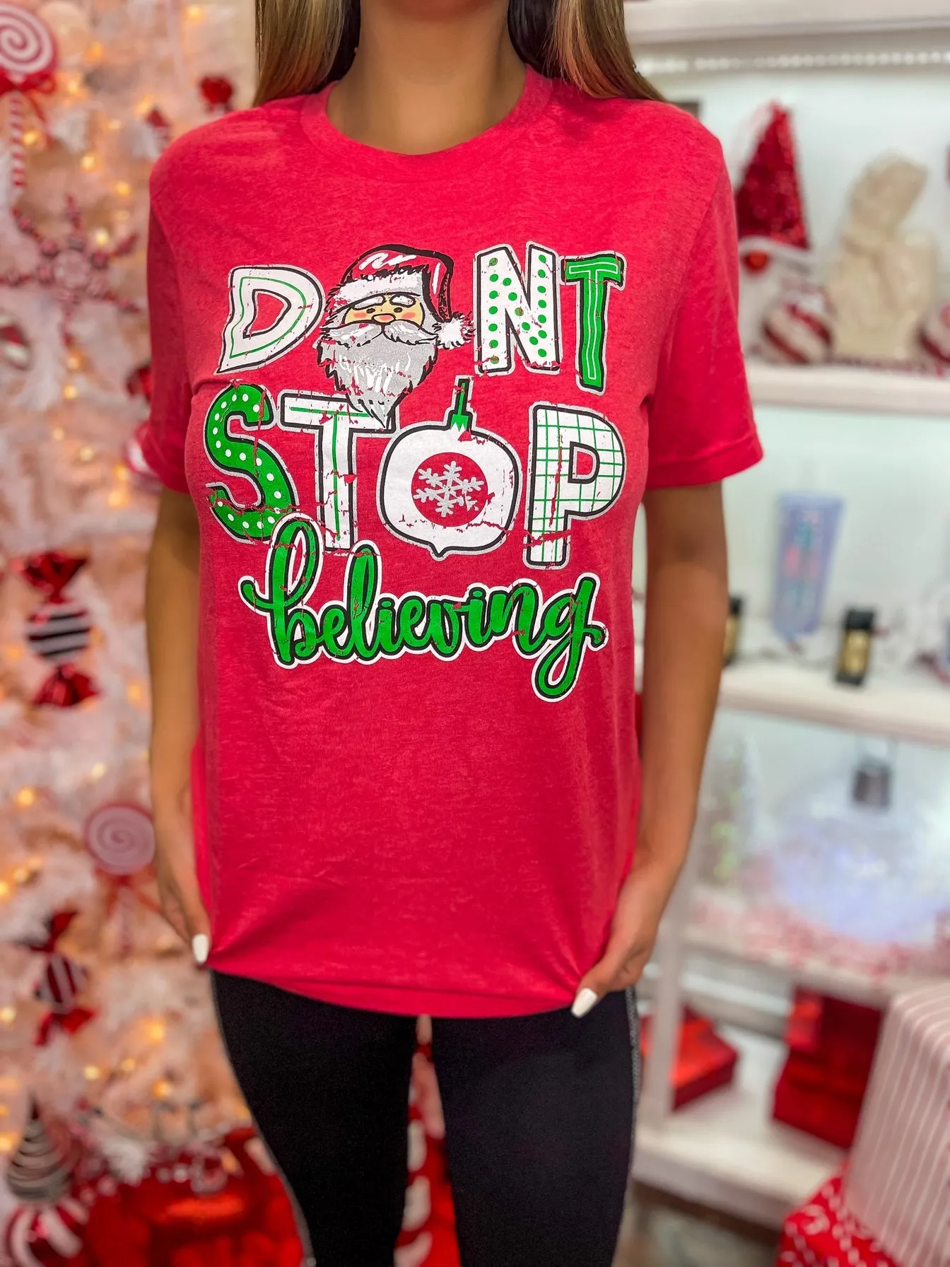 Don't Stop Believing Christmas Graphic Tee - Red