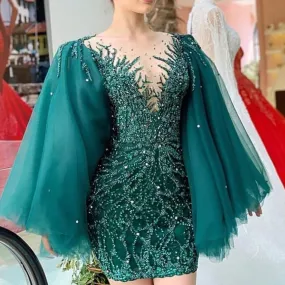 emerald green evening dresses short flare sleeve luxury beaded mermaid modest evening gown