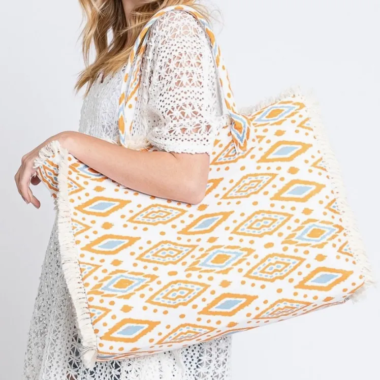 Esmee Boho Pattern Fringe Orange Tote Bag