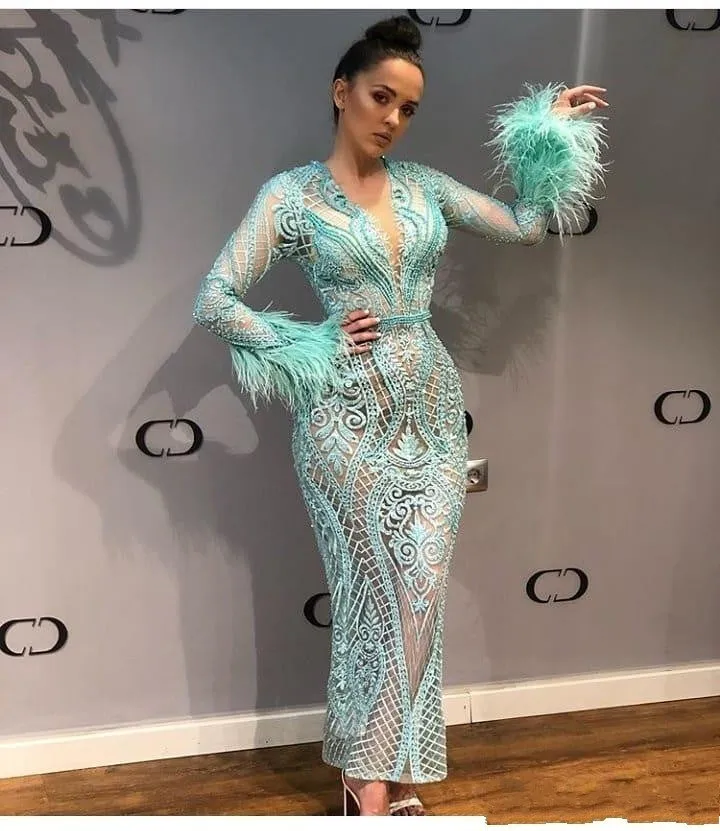 feather evening dresses 2020 tea length Lace Applique turquoise blue deep v neck modest formal evening gown 2021