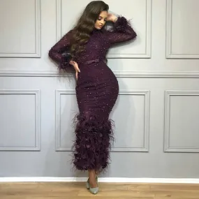 feather evening dresses long sleeve mermaid black beaded ankle length luxury evening gown arabic