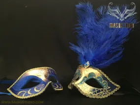 Fifty shades of Grey Couple Feather Masquerade mask Pair Royal Blue Gold