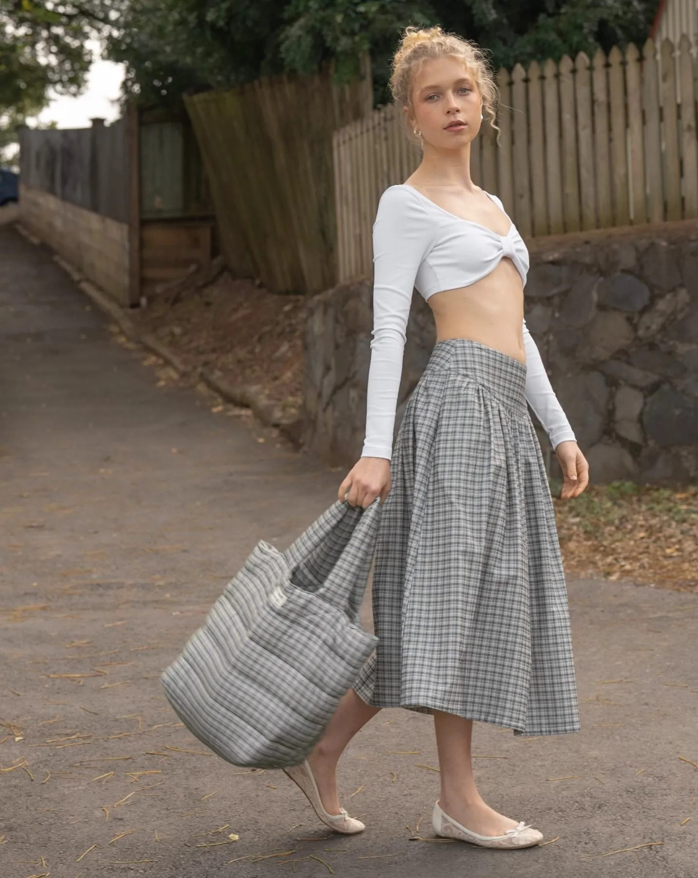 Flannel Quilted Tote Bag - Faded Blue Check