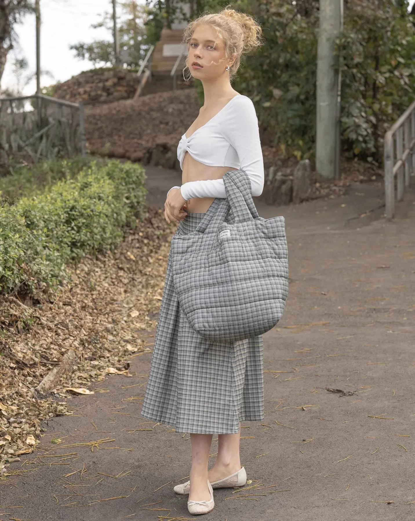 Flannel Quilted Tote Bag - Faded Blue Check