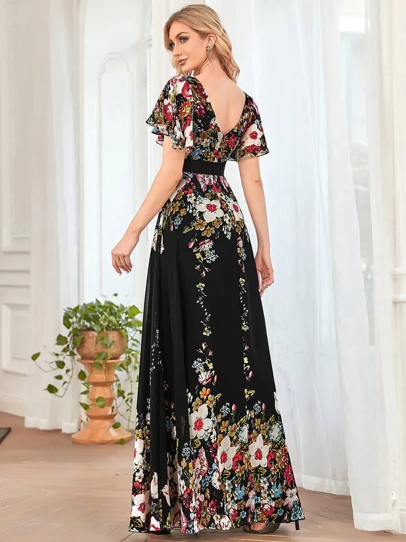 Floral Print V-Neck Butterfly Sleeve Evening Dress