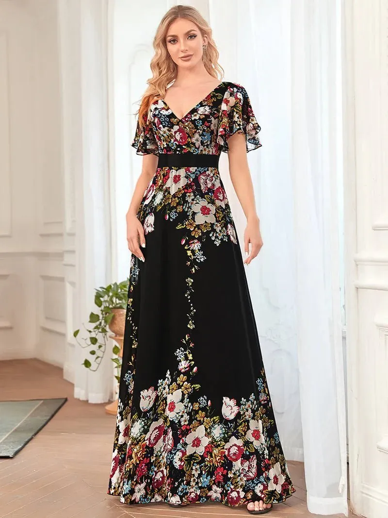 Floral Print V-Neck Butterfly Sleeve Evening Dress