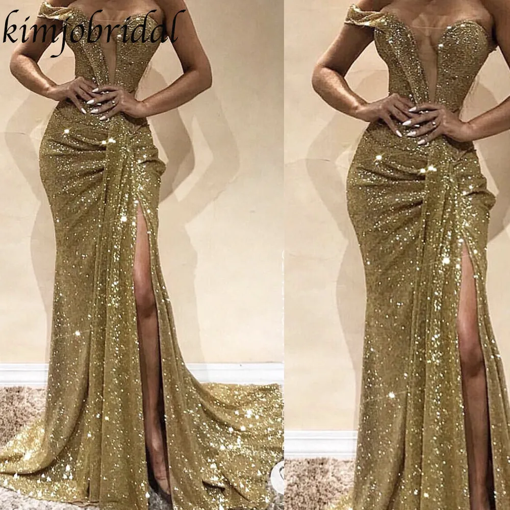 gold evening dresses long 2020 mermaid sparkle bling bling elegant evening gown 2019