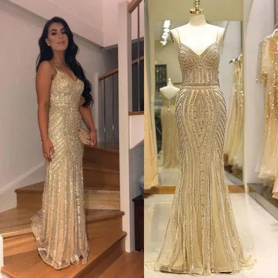 gold evening dresses long spaghetti straps mermaid sparkly sexy formal dresses vestido de festa