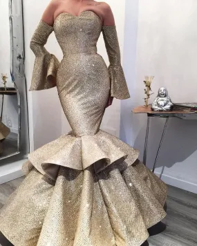 gold sparkly evening dresses luxury mermaid tiered elegant off the shoulder evening gown robe de soiree