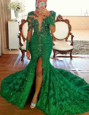 green lace appliqué evening dresses long sleeve mermaid elegant formal dress mother of the bride dresses