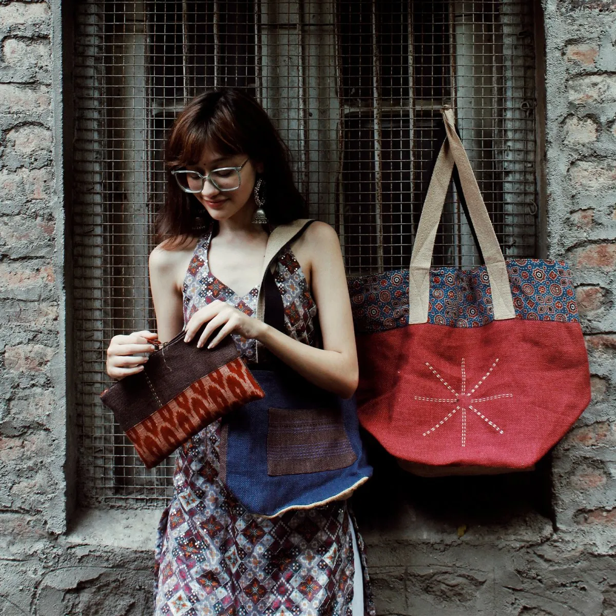 Jute Market Tote bag, Ikat Lined Tote Small Bag, Ikat Pouch Combo