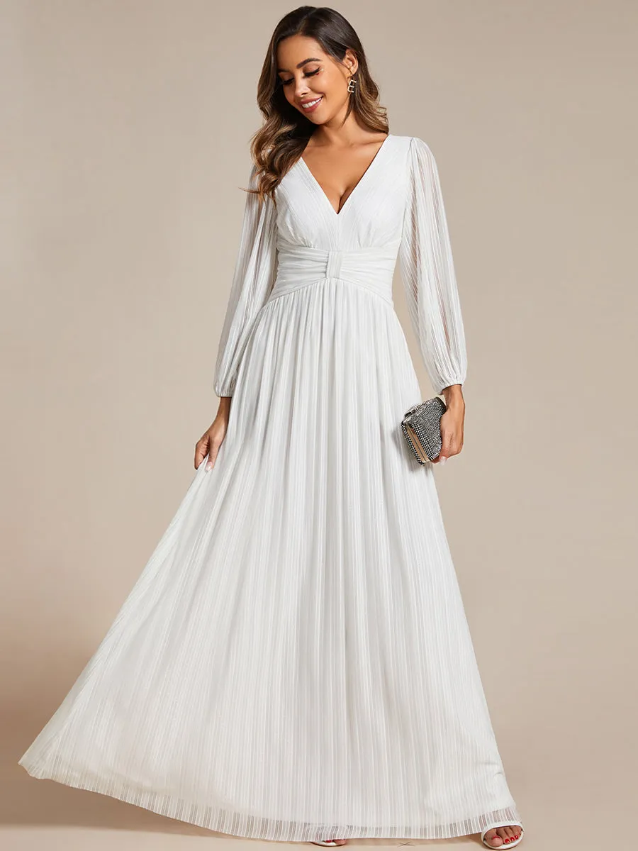 Maxi Long Chiffon Waist V Neck Evening Dress with Long Sleeves