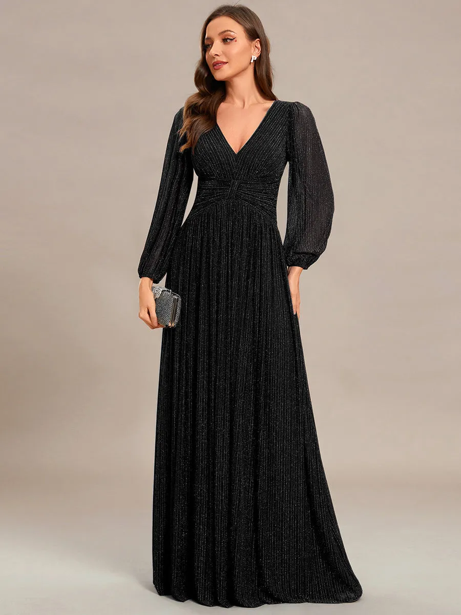 Maxi Long Chiffon Waist V Neck Evening Dress with Long Sleeves