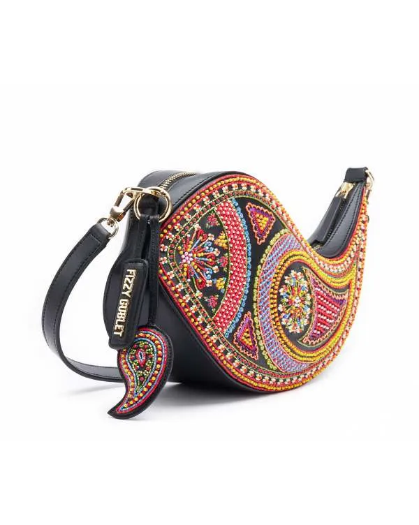 NEO Shoulder Bag Leather : Black (With Colourful Beads)