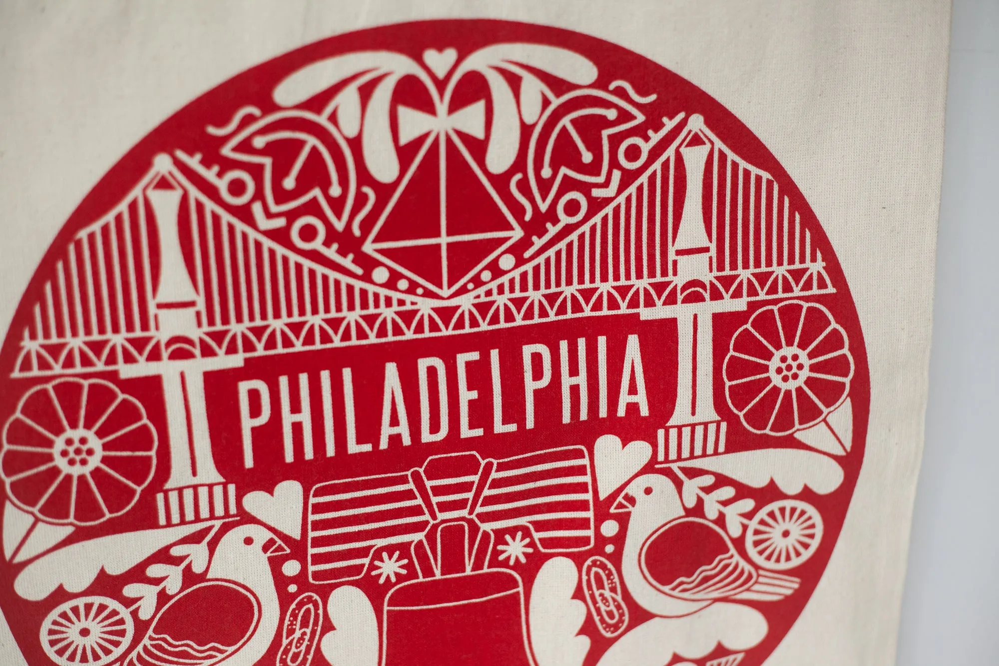 Philadelphia tote bag, red Philly icons tote bag featuring the Ben Franklin Bridge