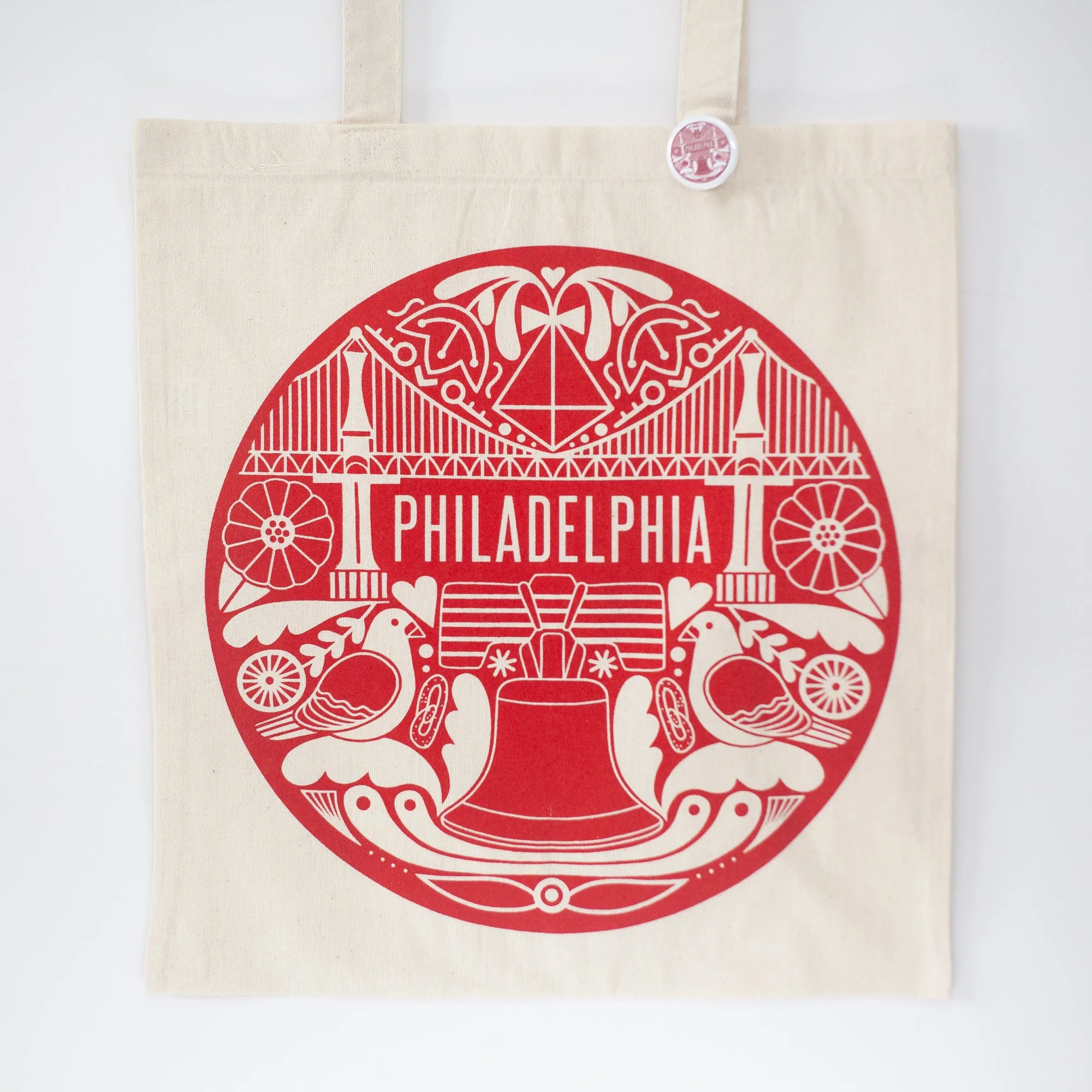 Philadelphia tote bag, red Philly icons tote bag featuring the Ben Franklin Bridge