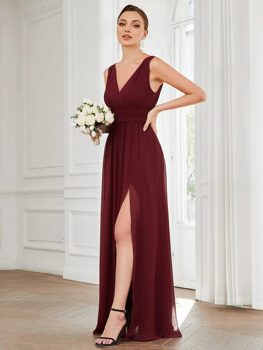 Pleated Chiffon V-Neck Sleeveless Front Slit Bridesmaid Dress