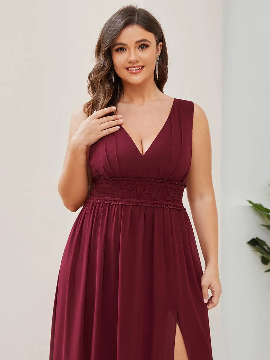 Pleated Chiffon V-Neck Sleeveless Front Slit Bridesmaid Dress