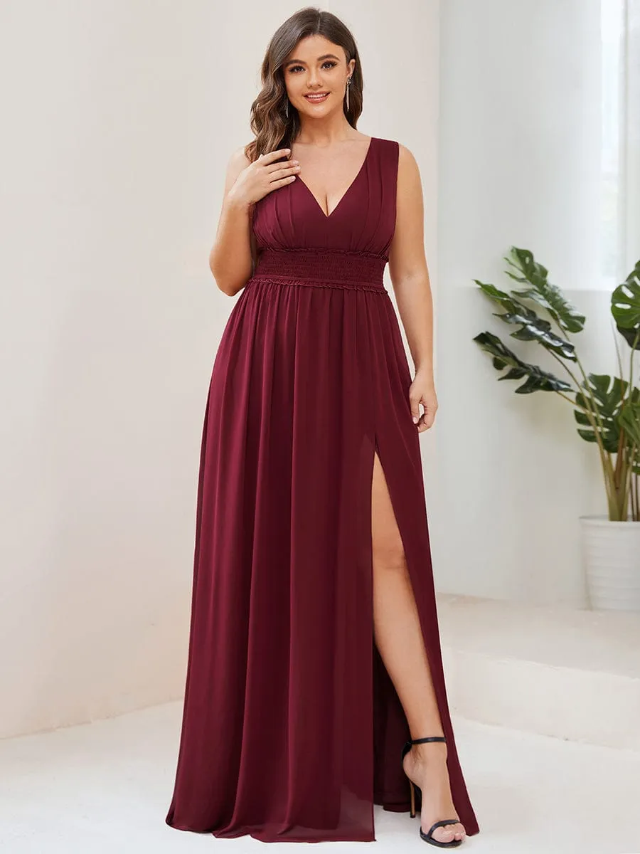 Pleated Chiffon V-Neck Sleeveless Front Slit Bridesmaid Dress