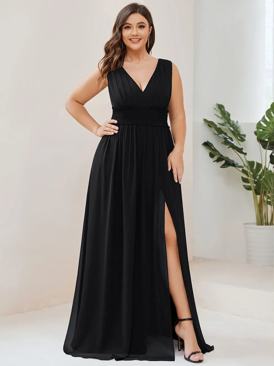 Pleated Chiffon V-Neck Sleeveless Front Slit Bridesmaid Dress