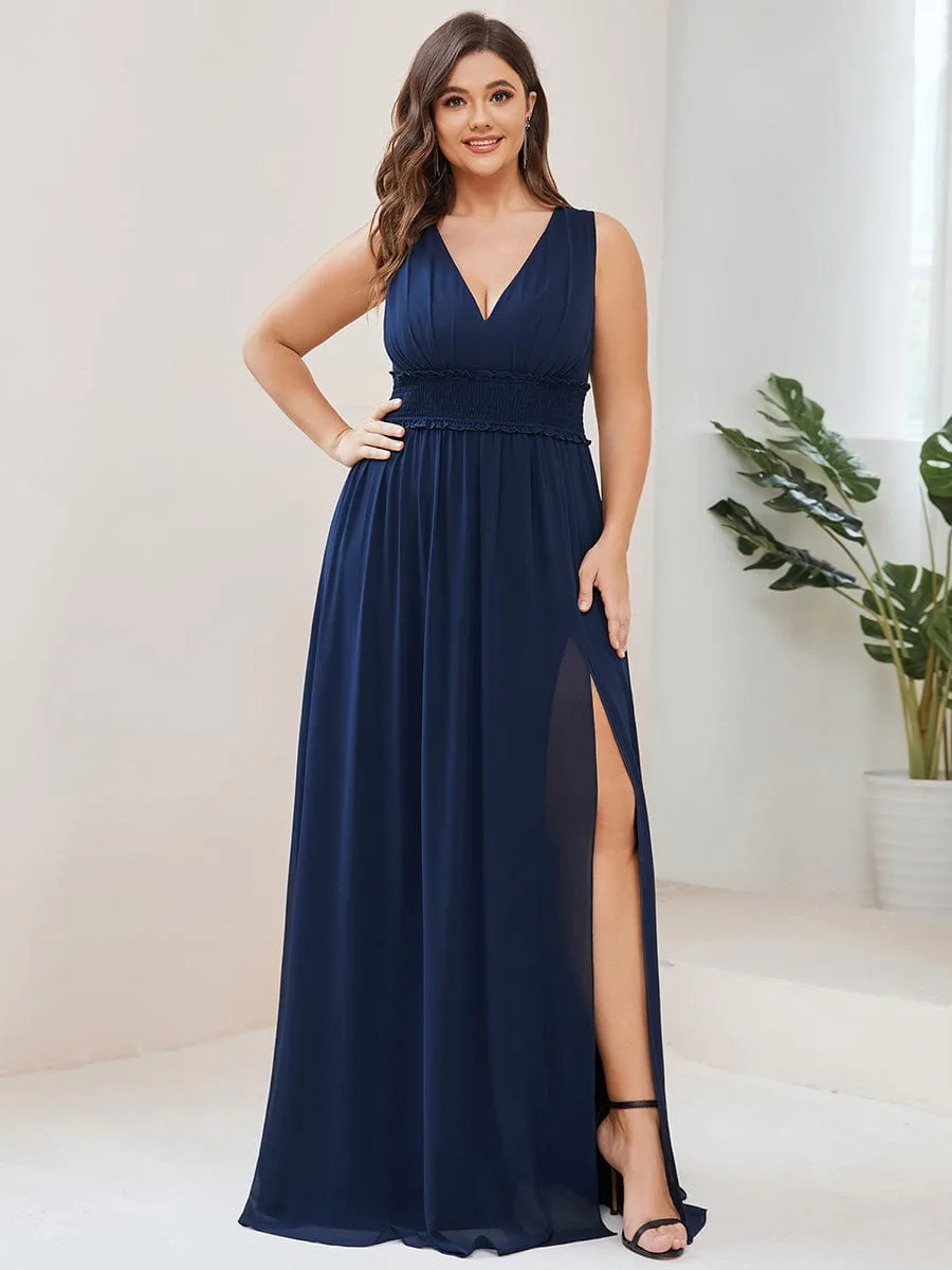 Pleated Chiffon V-Neck Sleeveless Front Slit Bridesmaid Dress