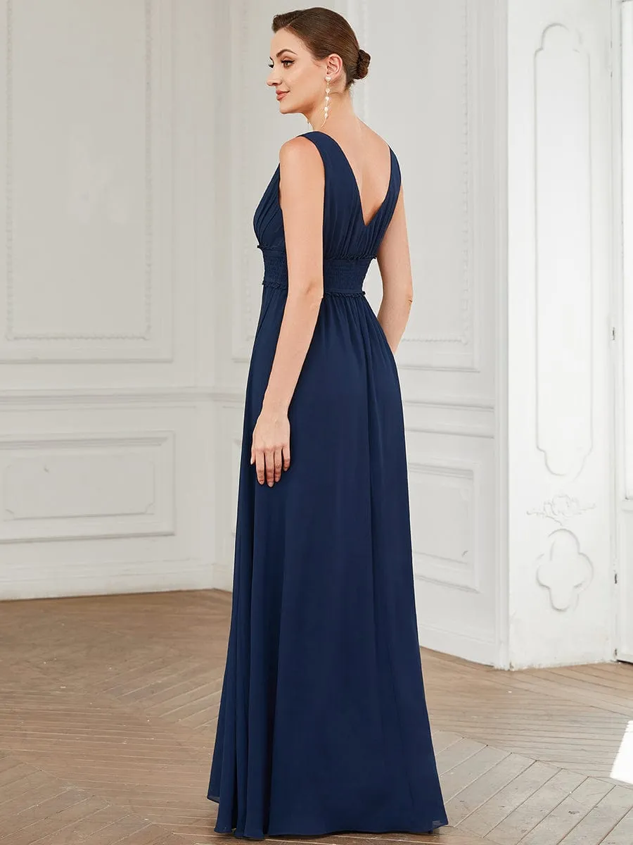 Pleated Chiffon V-Neck Sleeveless Front Slit Bridesmaid Dress