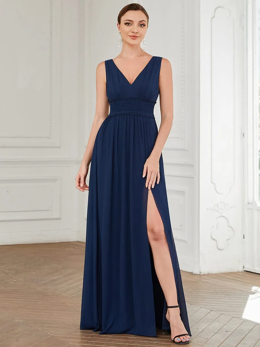 Pleated Chiffon V-Neck Sleeveless Front Slit Bridesmaid Dress