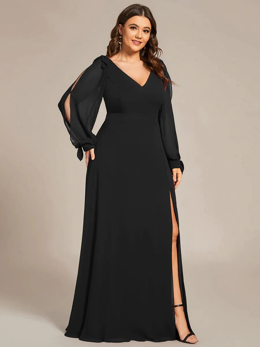 Plus Size Long Lantern Sleeves A Line V Neck Evening Dress