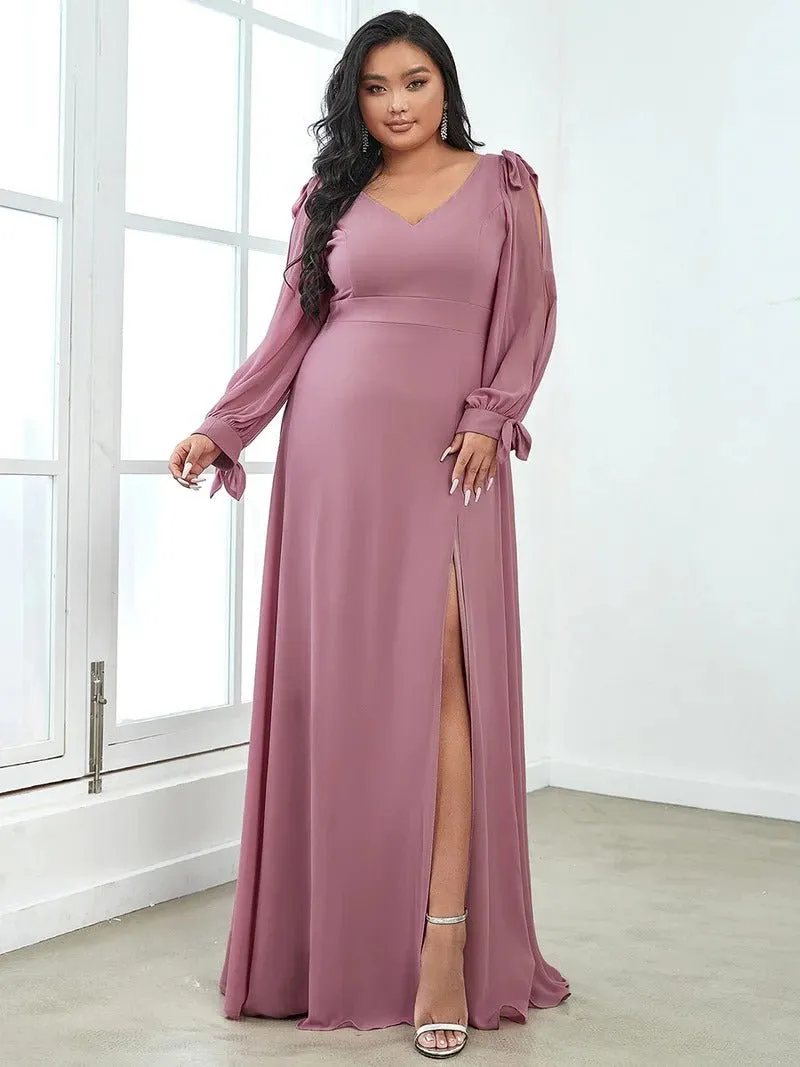 Plus Size Long Lantern Sleeves A Line V Neck Evening Dress