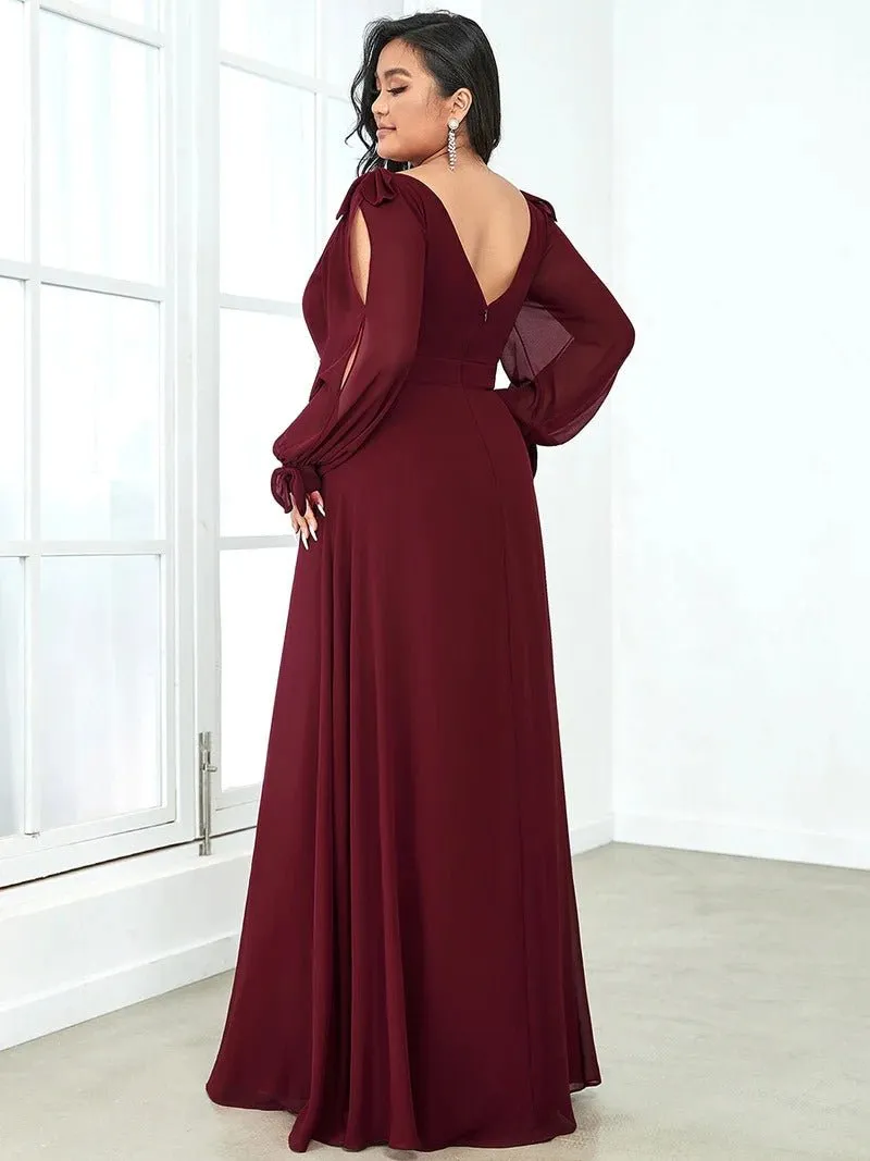 Plus Size Long Lantern Sleeves A Line V Neck Evening Dress