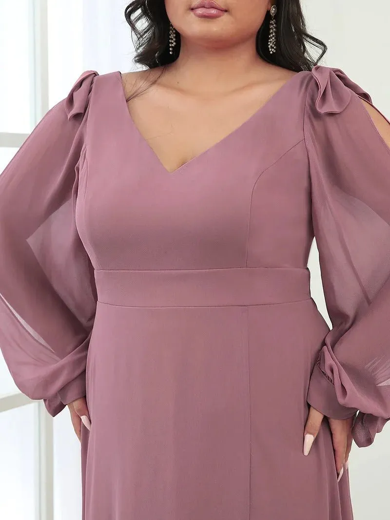 Plus Size Long Lantern Sleeves A Line V Neck Evening Dress