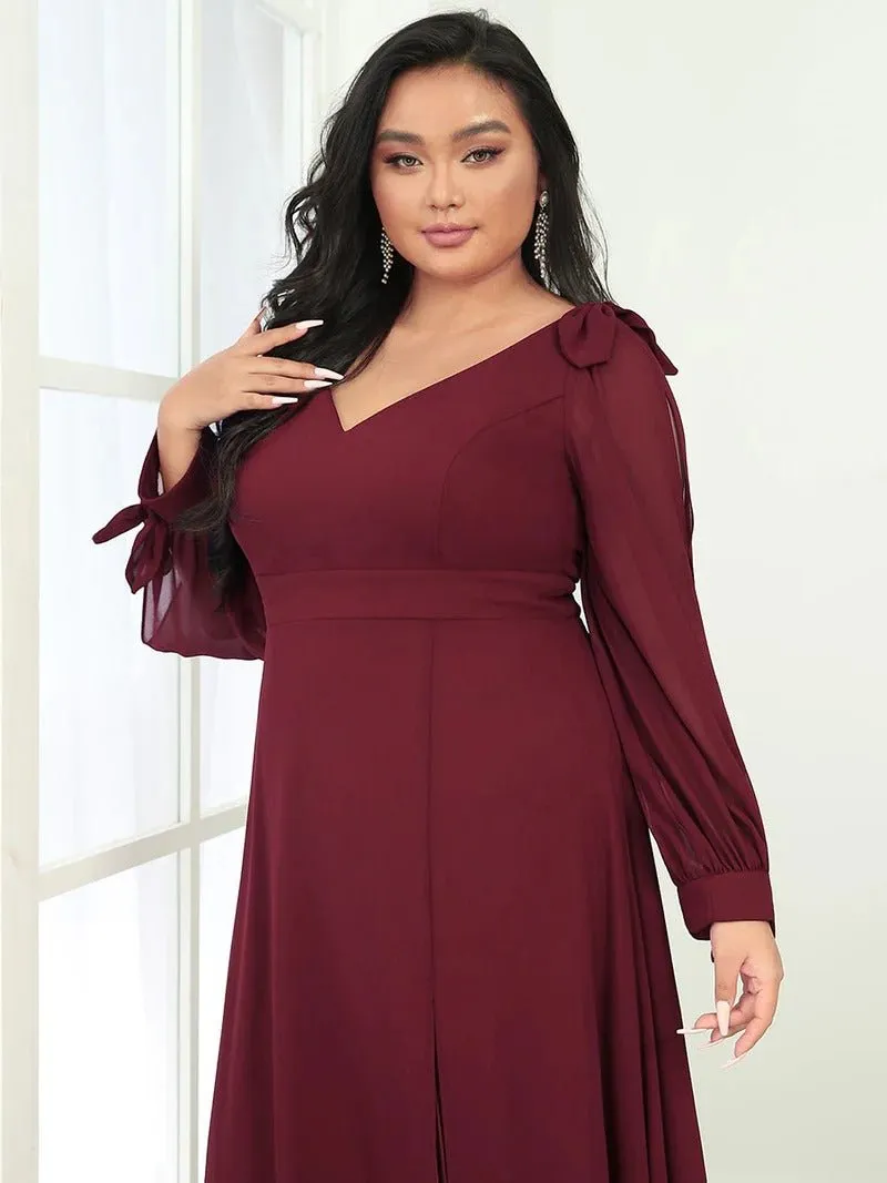 Plus Size Long Lantern Sleeves A Line V Neck Evening Dress