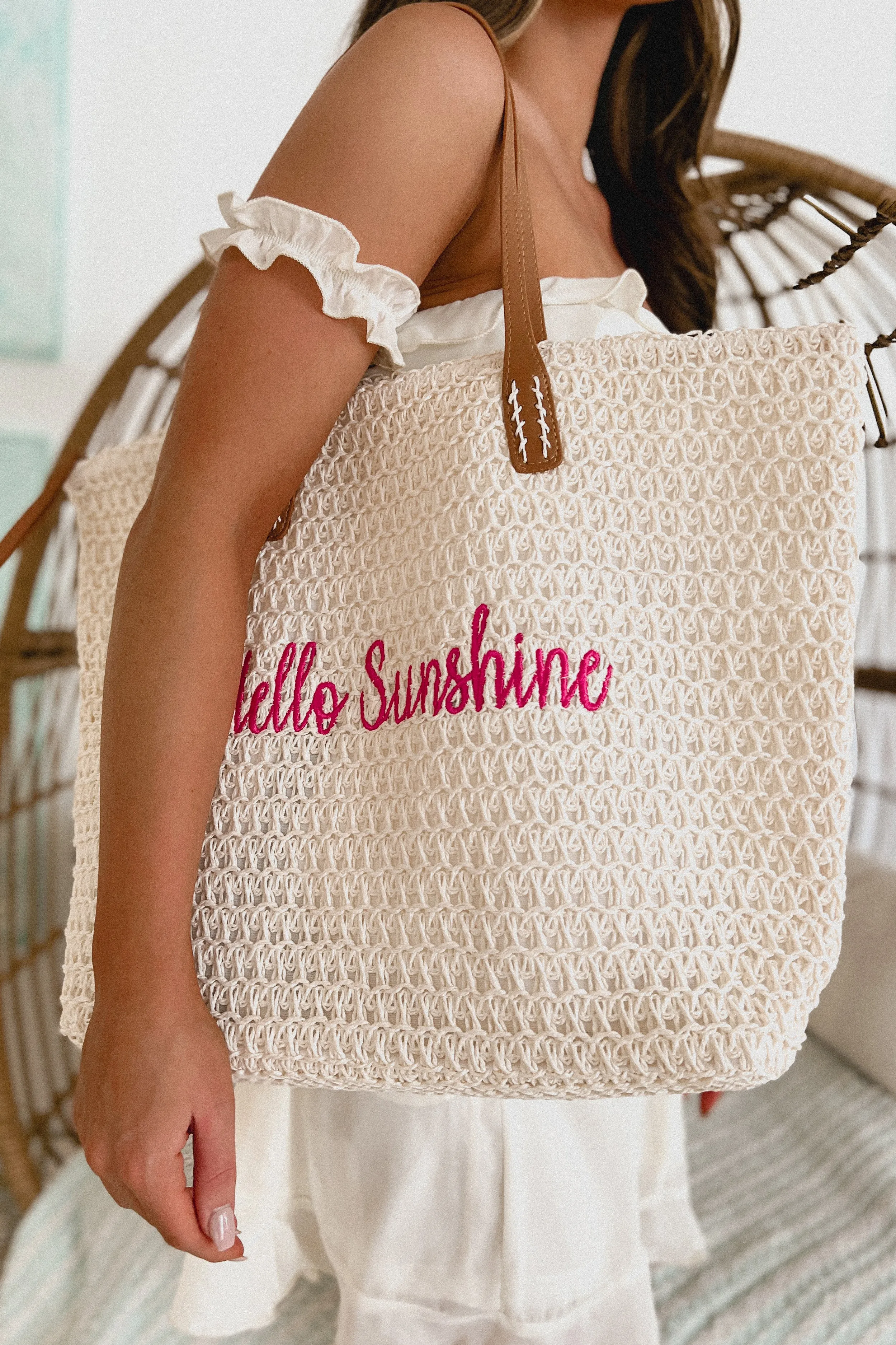 "Hello Sunshine" Embroidered Straw Tote (White/Pink)