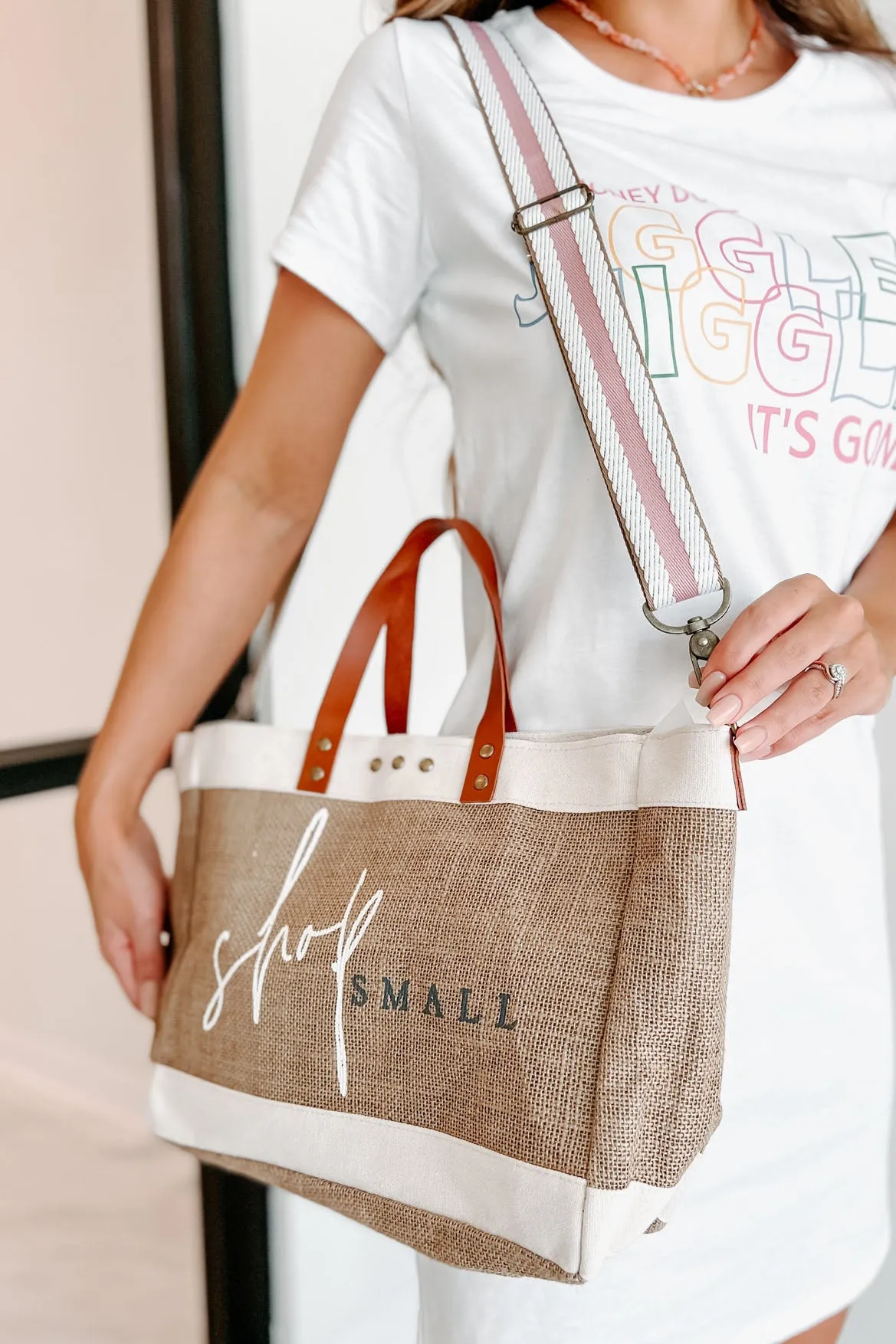 "Shop Small" Jute Crossbody Tote (Tan)