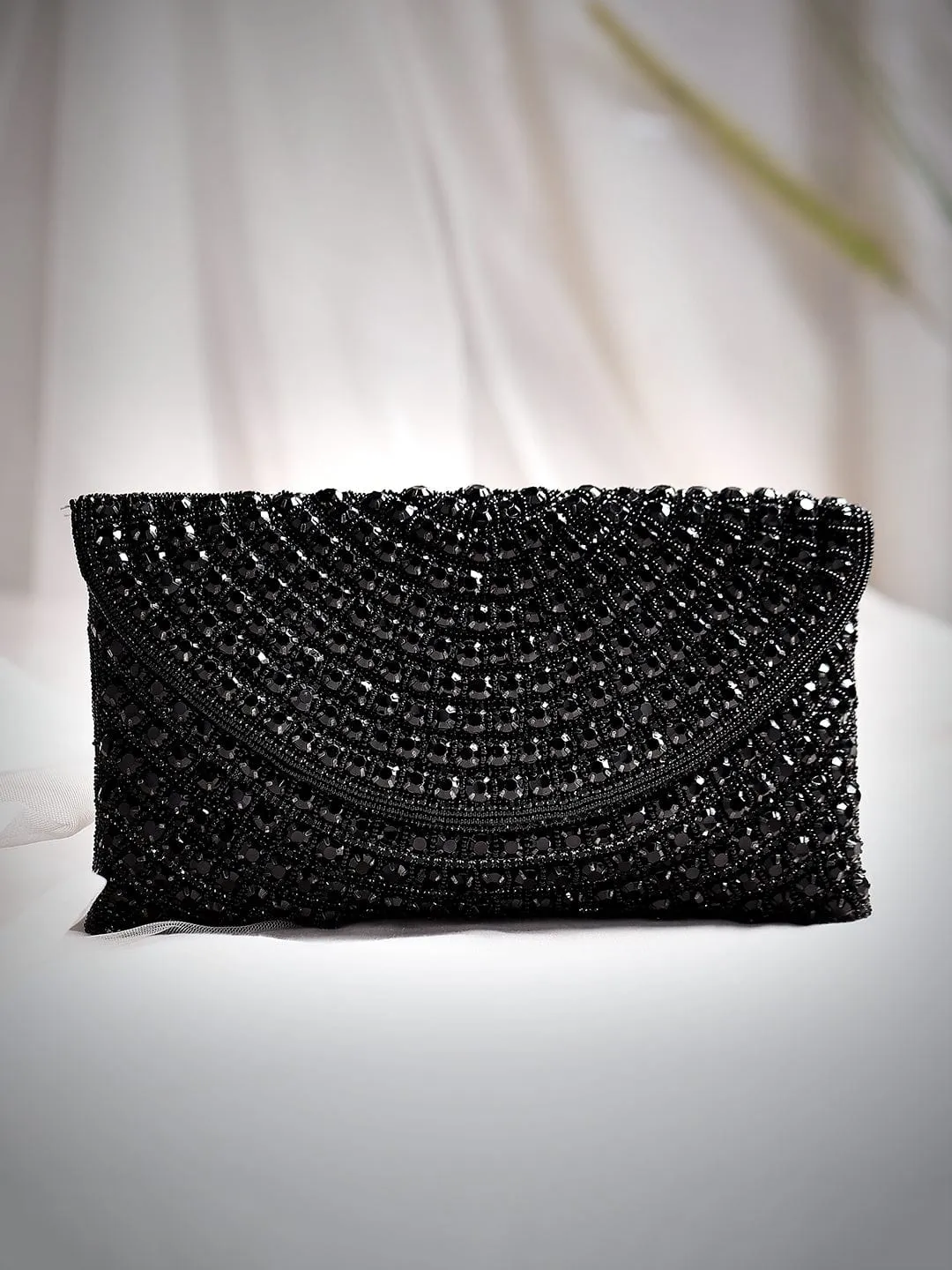 Rubans Black Handmade Sling Bag With Embroided And Studded Black Beads.