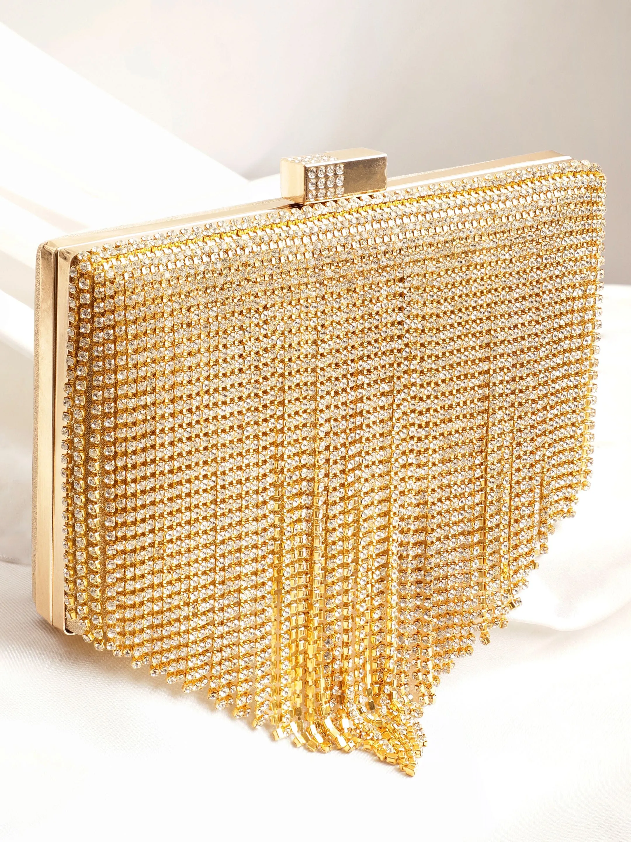 Rubans Cream With Dazzling Crystal Zirconia Embellished Contemporary tassels Clutch handbag