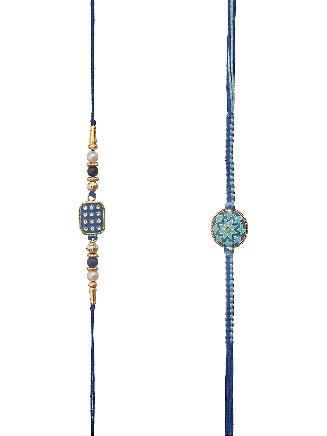 Set Of 2 Blue Enameled & Embellished Designer Beaded Rakhi With Roli Chawal