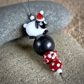 Sheep with Christmas Cap, Handcrafted Lampwork Bead Shungite Ornament