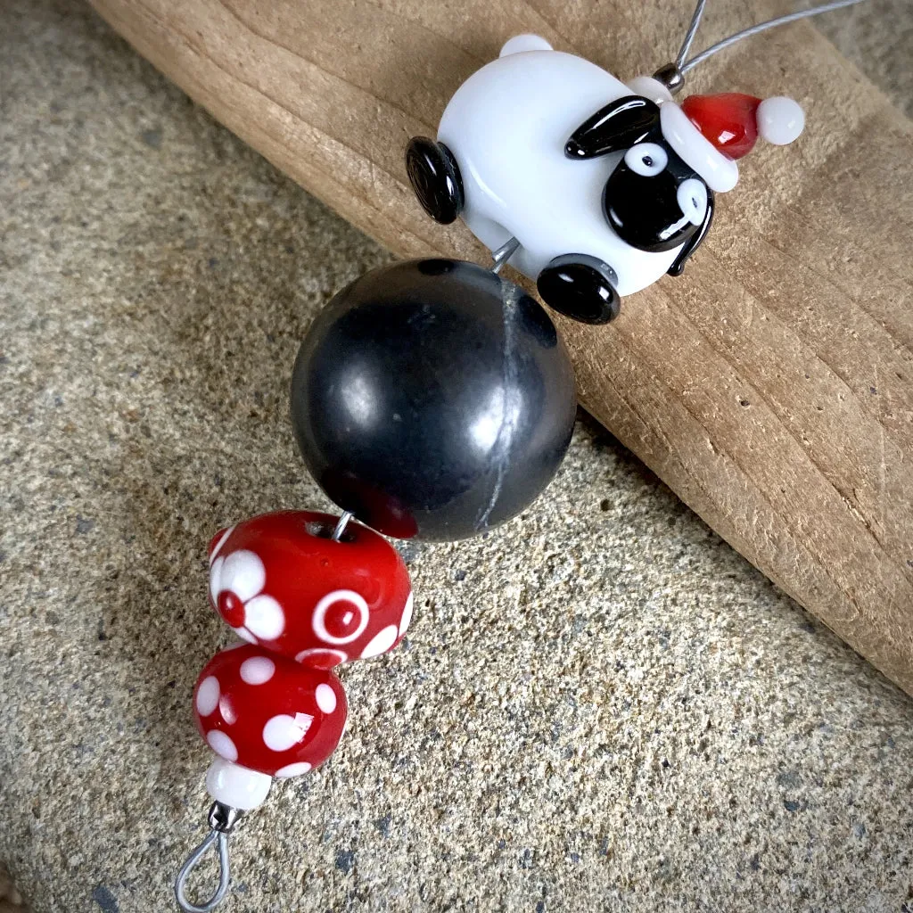 Sheep with Christmas Cap, Handcrafted Lampwork Bead Shungite Ornament