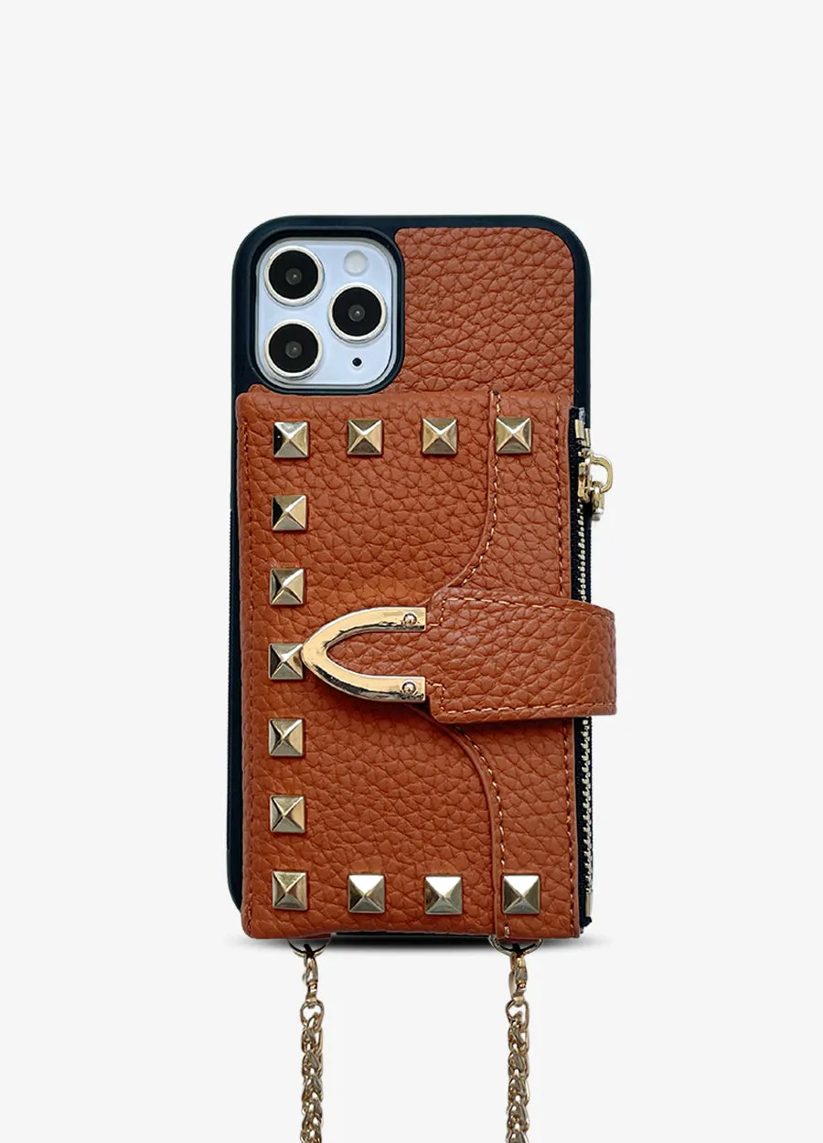 Studded Crossbody Wallet Case in Tan