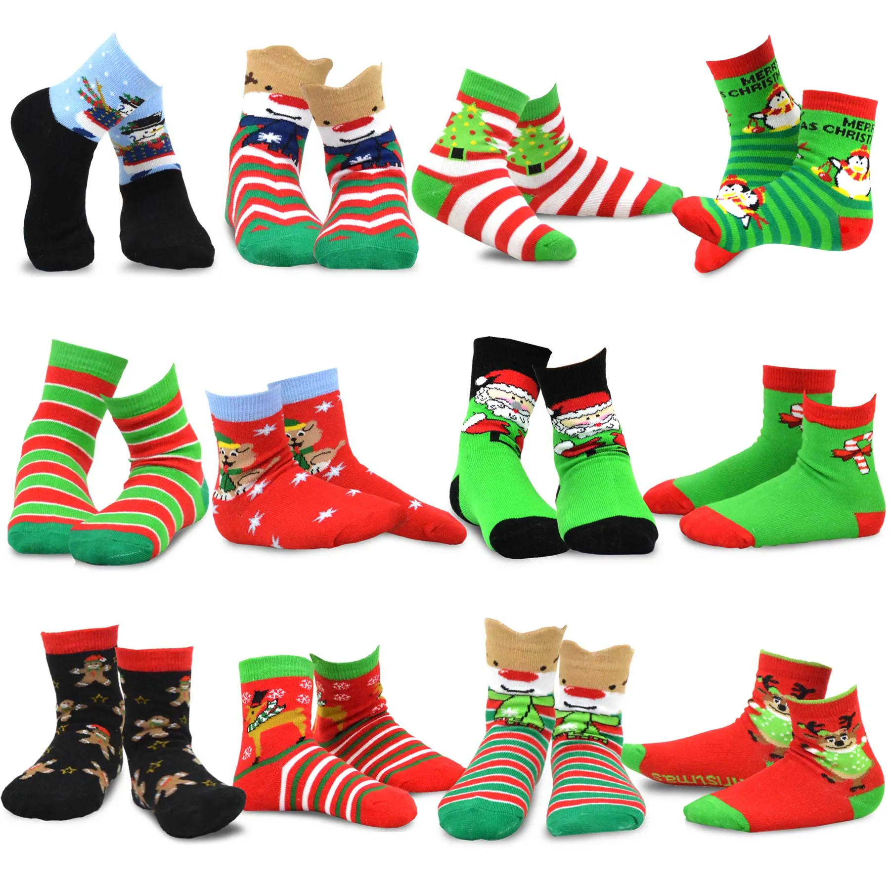 TeeHee Socks Kid's Christmas Cotton Short Crew Snowman 12-Pack Gift Box (11889)