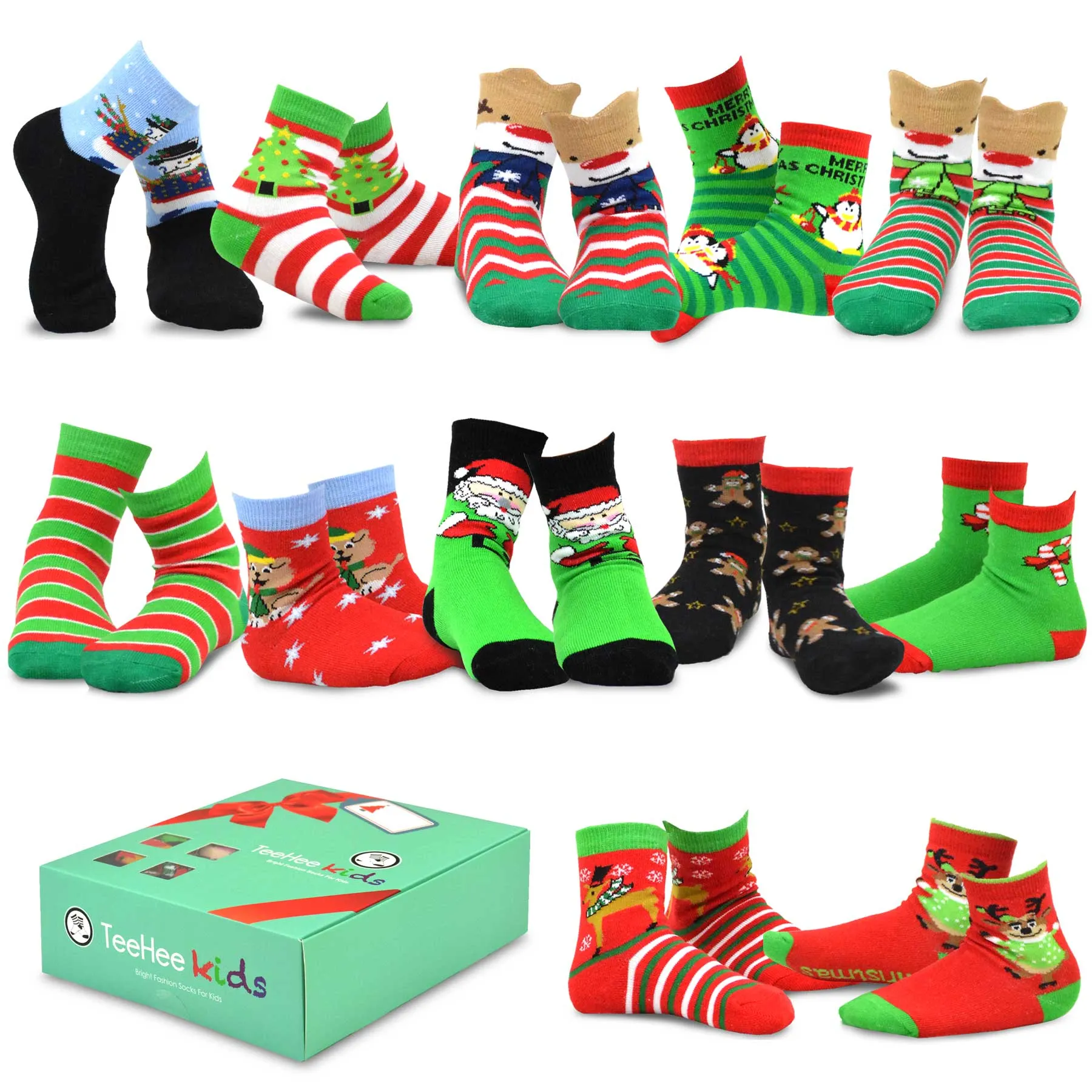 TeeHee Socks Kid's Christmas Cotton Short Crew Snowman 12-Pack Gift Box (11889)