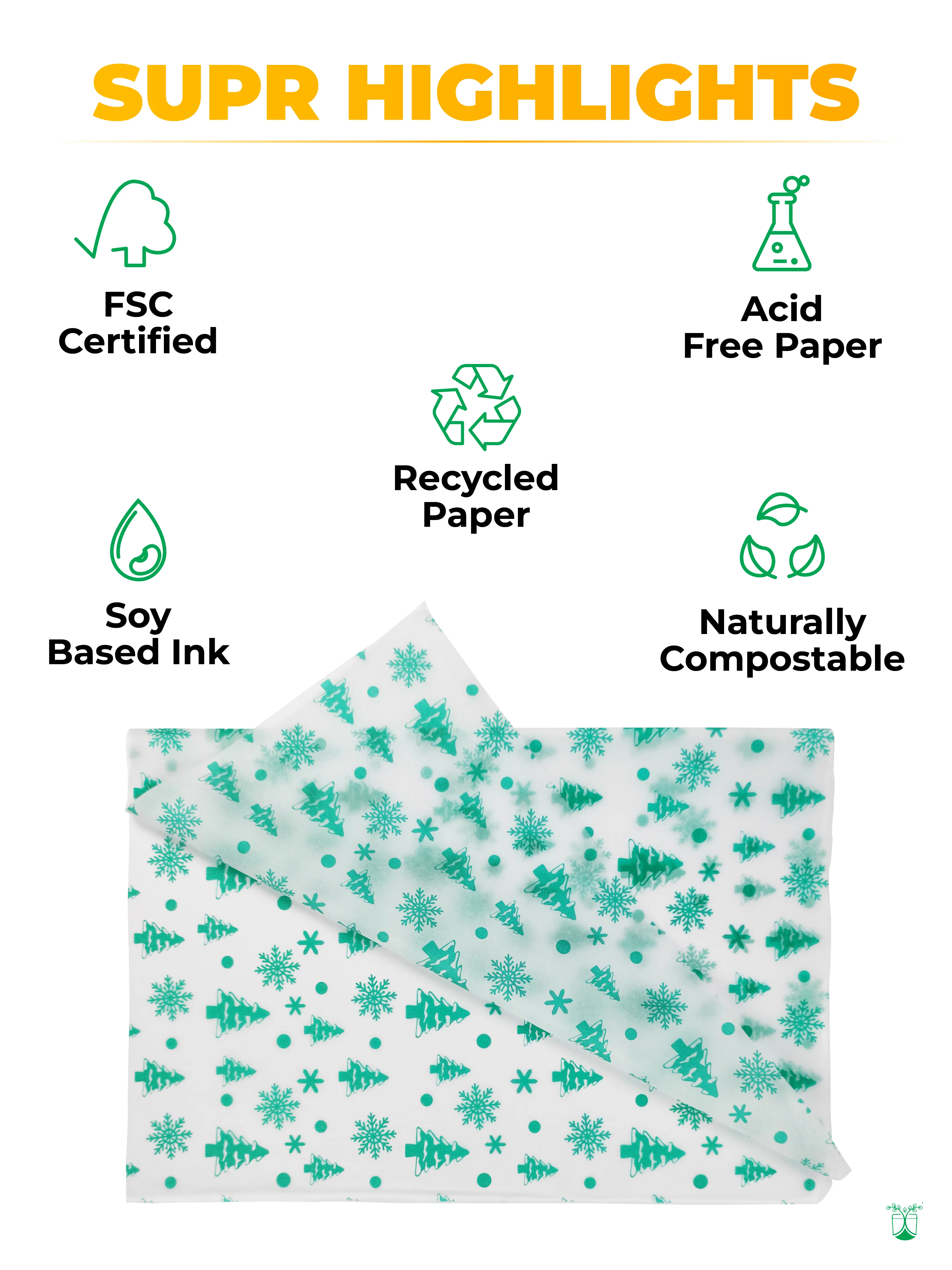 Tissue Paper with Green Tree & Snowflakes for Gift Wrapping.