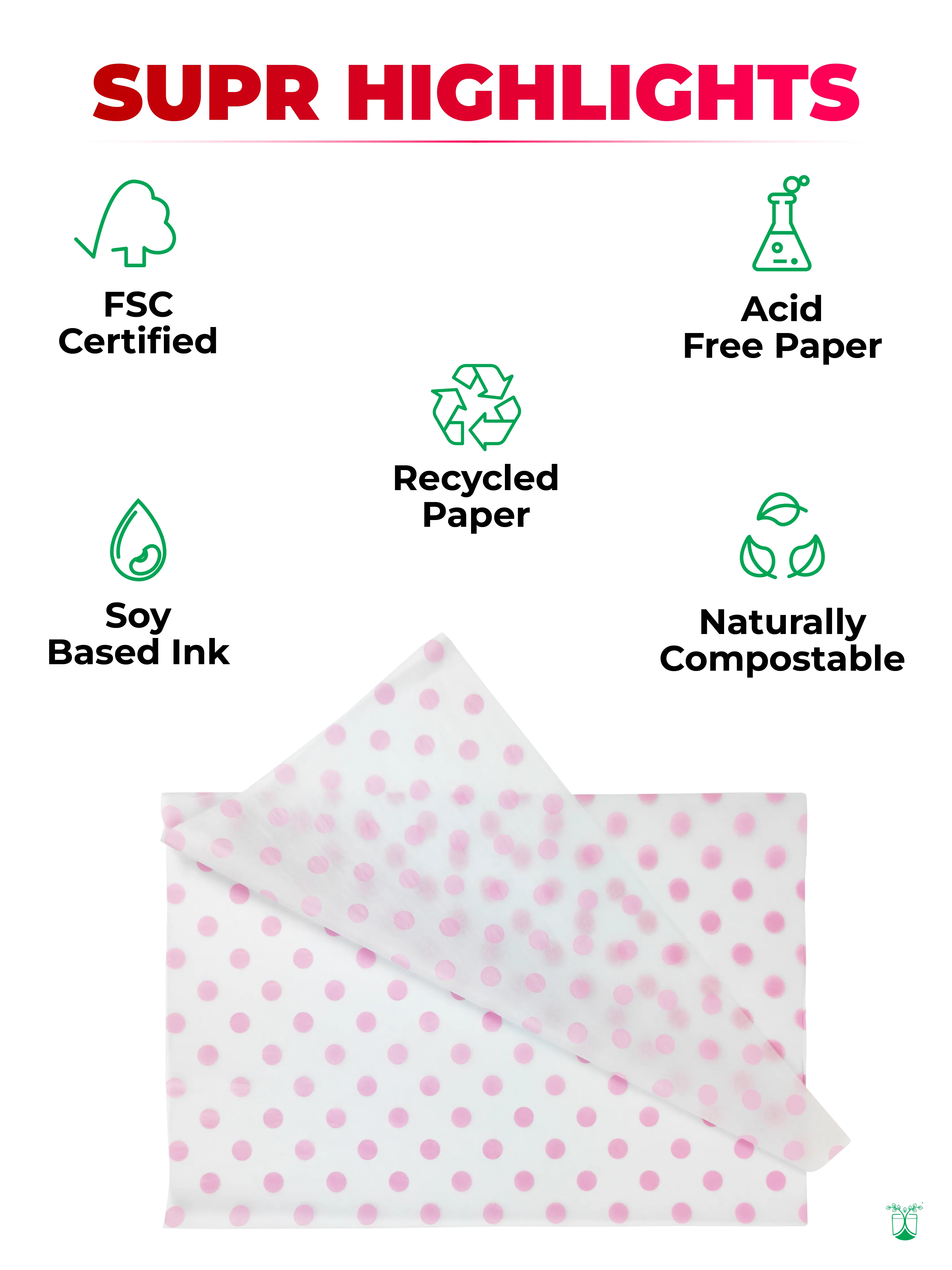 Tissue Wrapping Paper with Pink Polka Dots for Eco-friendly Packaging.